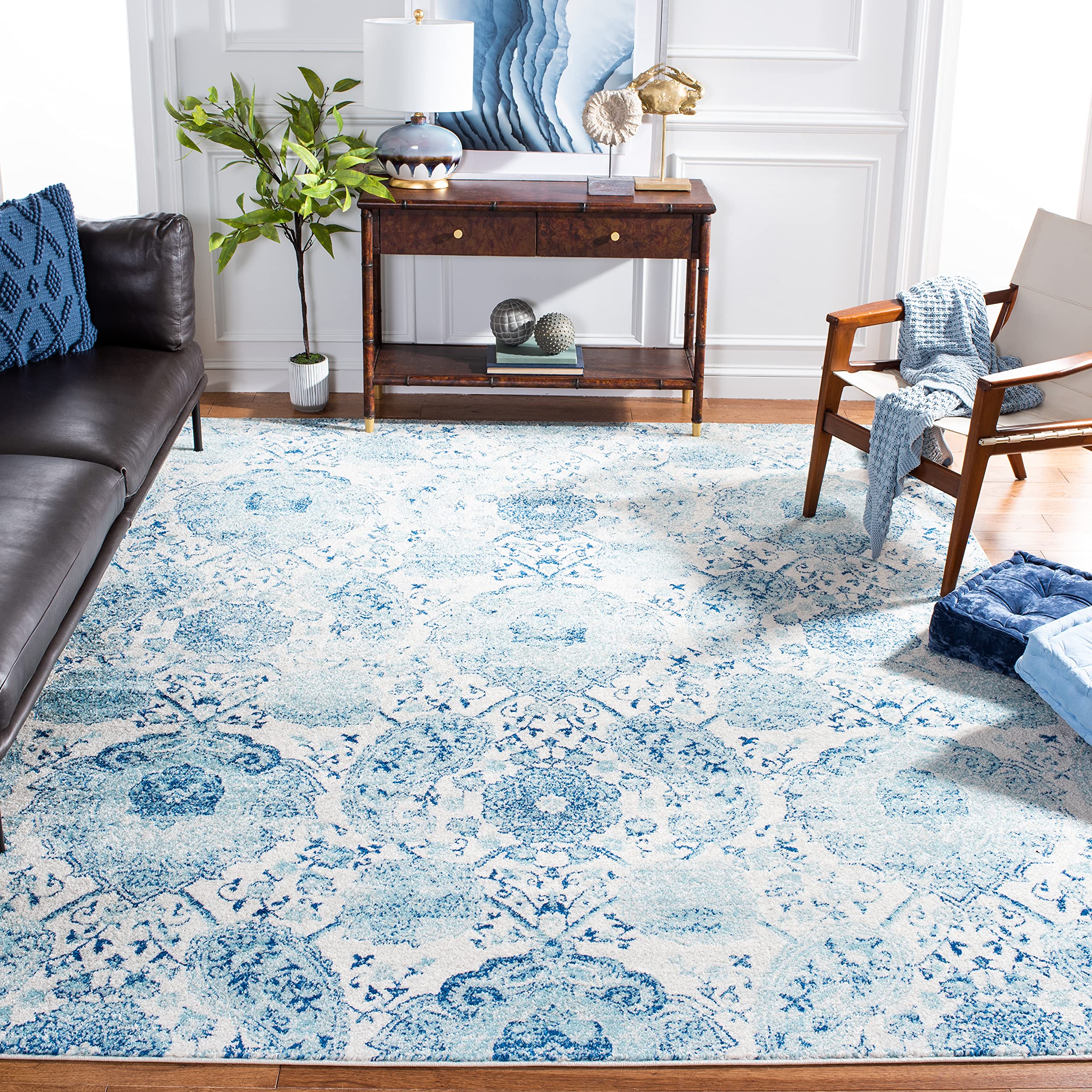 SAFAVIEH Madison Collection Area Rug - 6'7'' x 9'2'', Cream & Turquoise, Boho Chic Glam Paisley Design, Non-Shedding & Easy Care